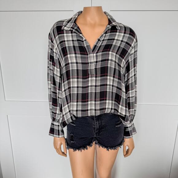 Chaps, Plaid Split Neck Relaxed Fit Henley Top, White/Black/Red, Women’s Large - Picture 2 of 7